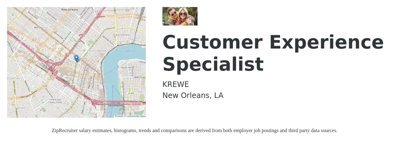 KREWE job posting for a Customer Experience Specialist in New Orleans, LA with a salary of $16 to $20 Hourly with a map of New Orleans location.
