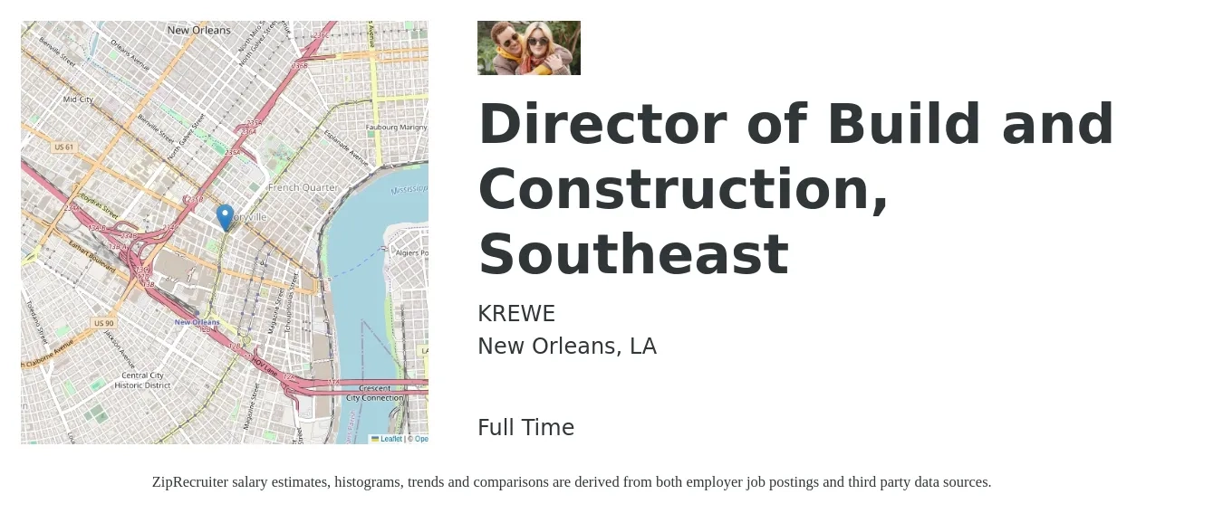 KREWE job posting for a Director of Build and Construction, Southeast in New Orleans, LA with a salary of $101,200 to $153,000 Yearly with a map of New Orleans location.
