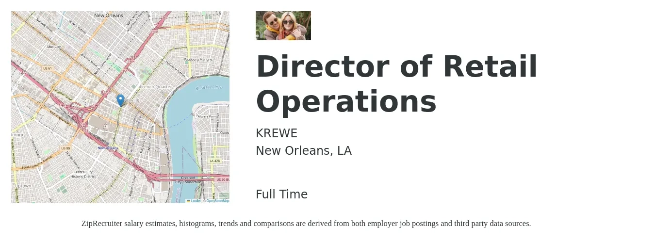 KREWE job posting for a Director of Retail Operations in New Orleans, LA with a salary of $61,800 to $114,000 Yearly with a map of New Orleans location.