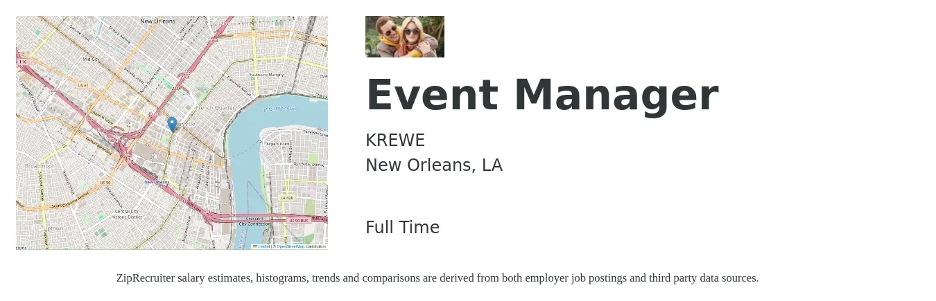 KREWE job posting for a Event Manager in New Orleans, LA with a salary of $43,200 to $72,000 Yearly with a map of New Orleans location.