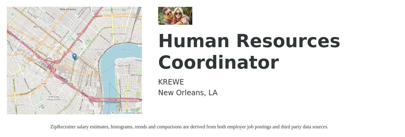 KREWE job posting for a Human Resources Coordinator in New Orleans, LA with a salary of $20 to $26 Hourly with a map of New Orleans location.