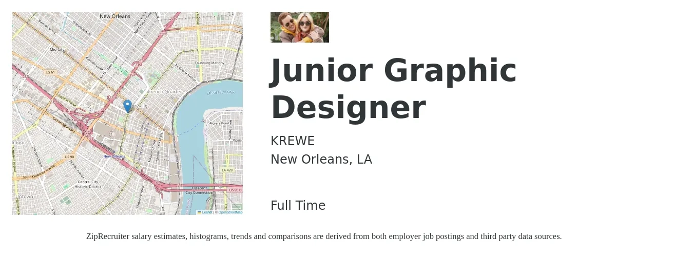 KREWE job posting for a Junior Graphic Designer in New Orleans, LA with a salary of $19 to $26 Hourly with a map of New Orleans location.
