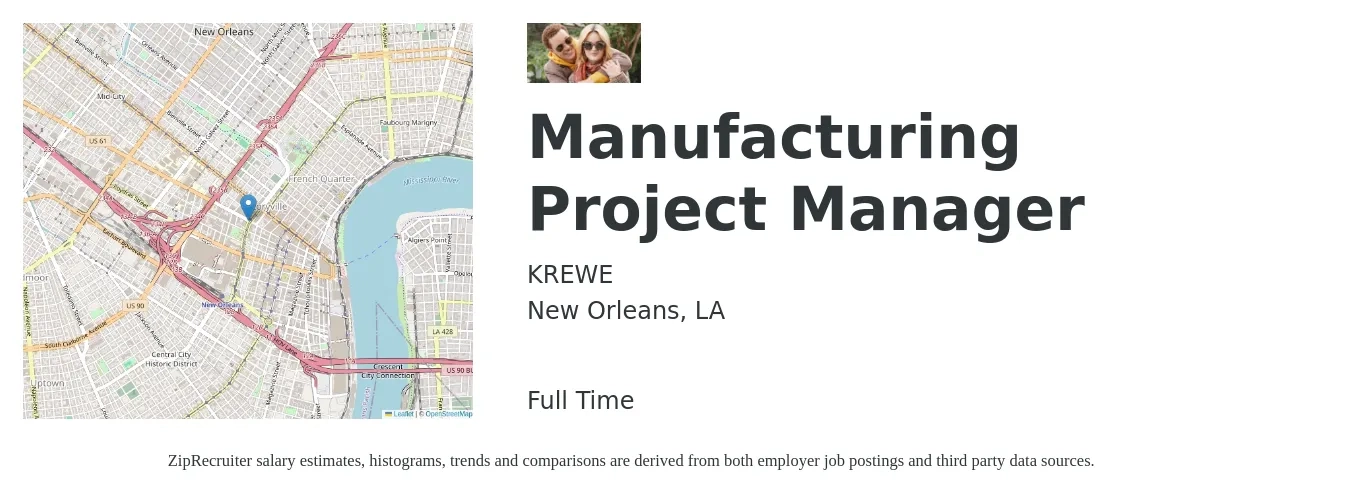 KREWE job posting for a Manufacturing Project Manager in New Orleans, LA with a salary of $73,600 to $108,300 Yearly with a map of New Orleans location.