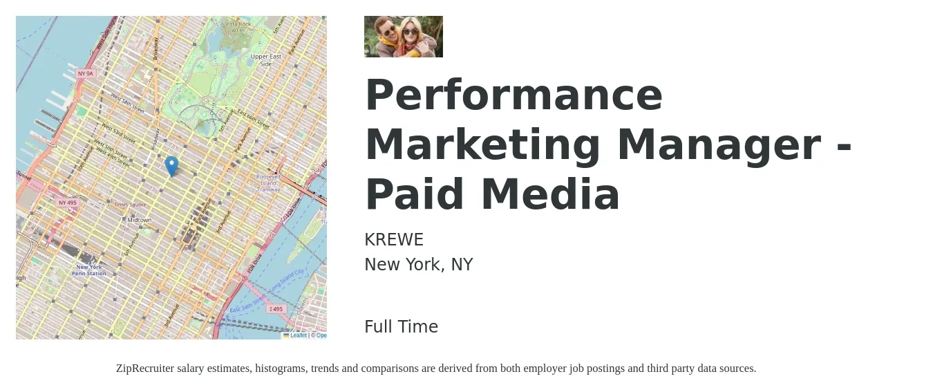 KREWE job posting for a Performance Marketing Manager - Paid Media in New York, NY with a salary of $52,000 to $83,700 Yearly with a map of New York location.