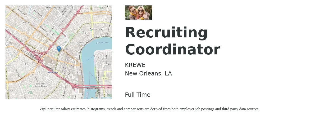 KREWE job posting for a Recruiting Coordinator in New Orleans, LA with a salary of $19 to $26 Hourly with a map of New Orleans location.