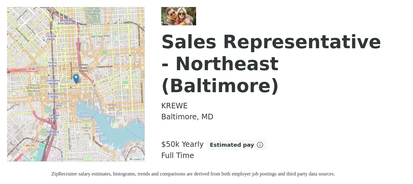 KREWE job posting for a Sales Representative - Northeast (Baltimore) in Baltimore, MD with a salary of $50,000 Yearly with a map of Baltimore location.
