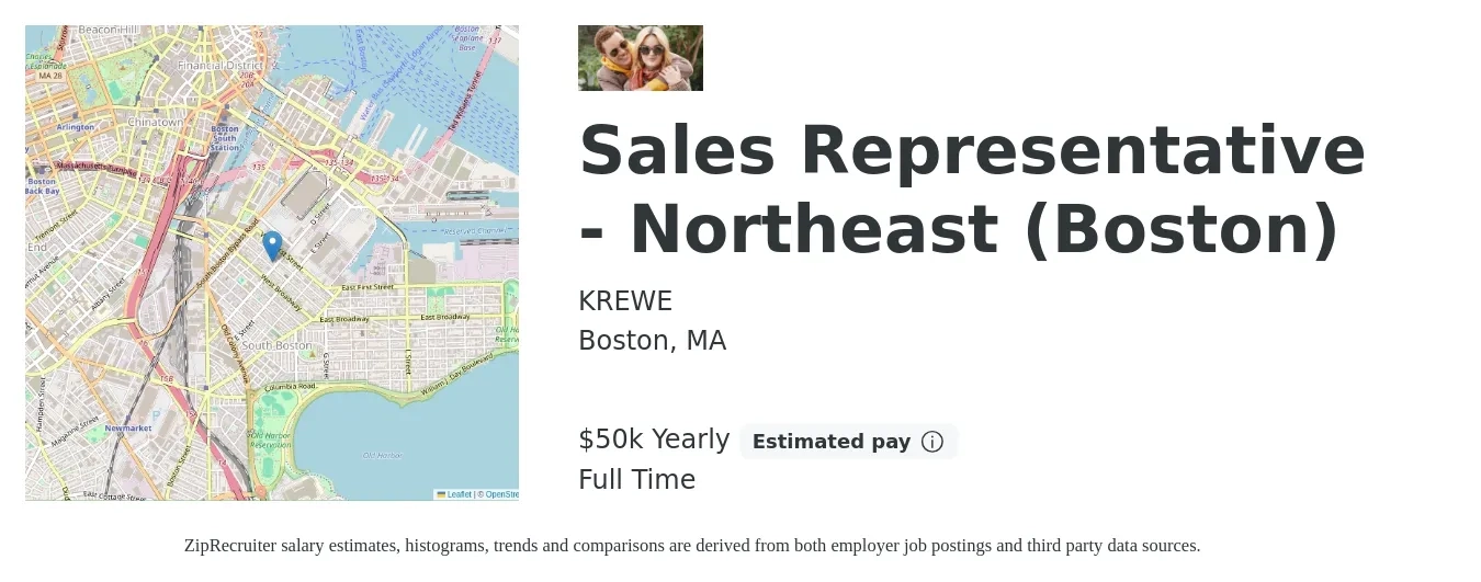 KREWE job posting for a Sales Representative - Northeast (Boston) in Boston, MA with a salary of $50,000 Yearly with a map of Boston location.