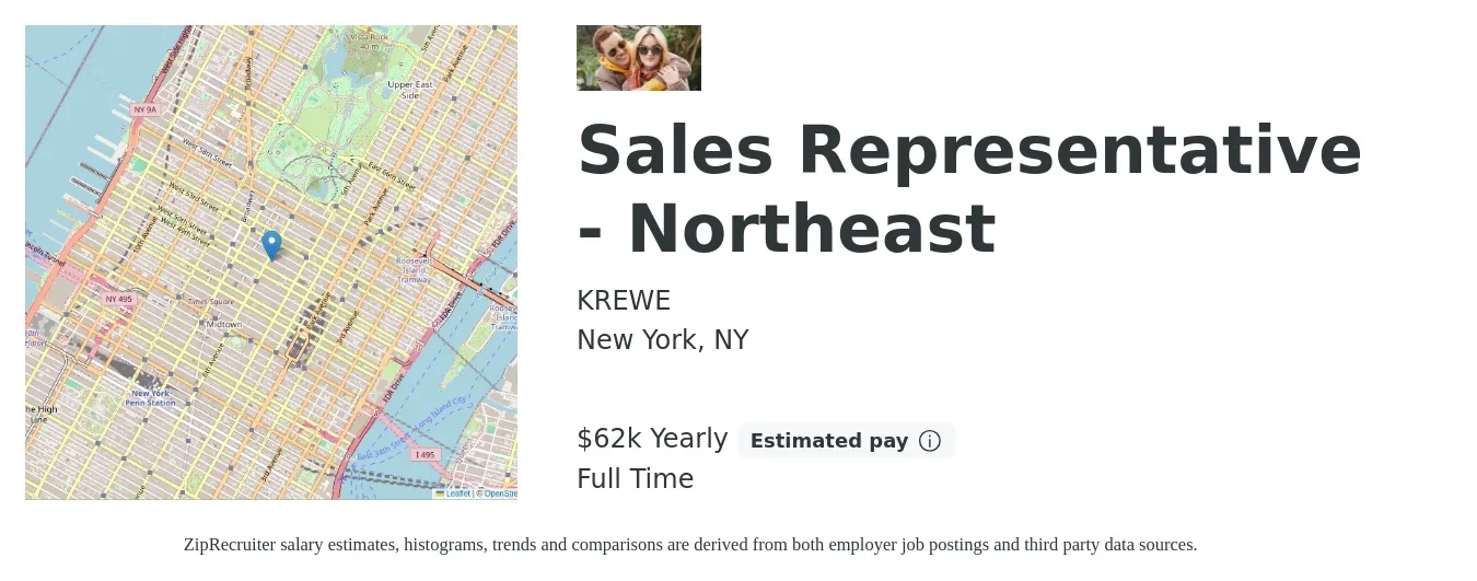 KREWE job posting for a Sales Representative - Northeast in New York, NY with a salary of $62,400 Yearly with a map of New York location.