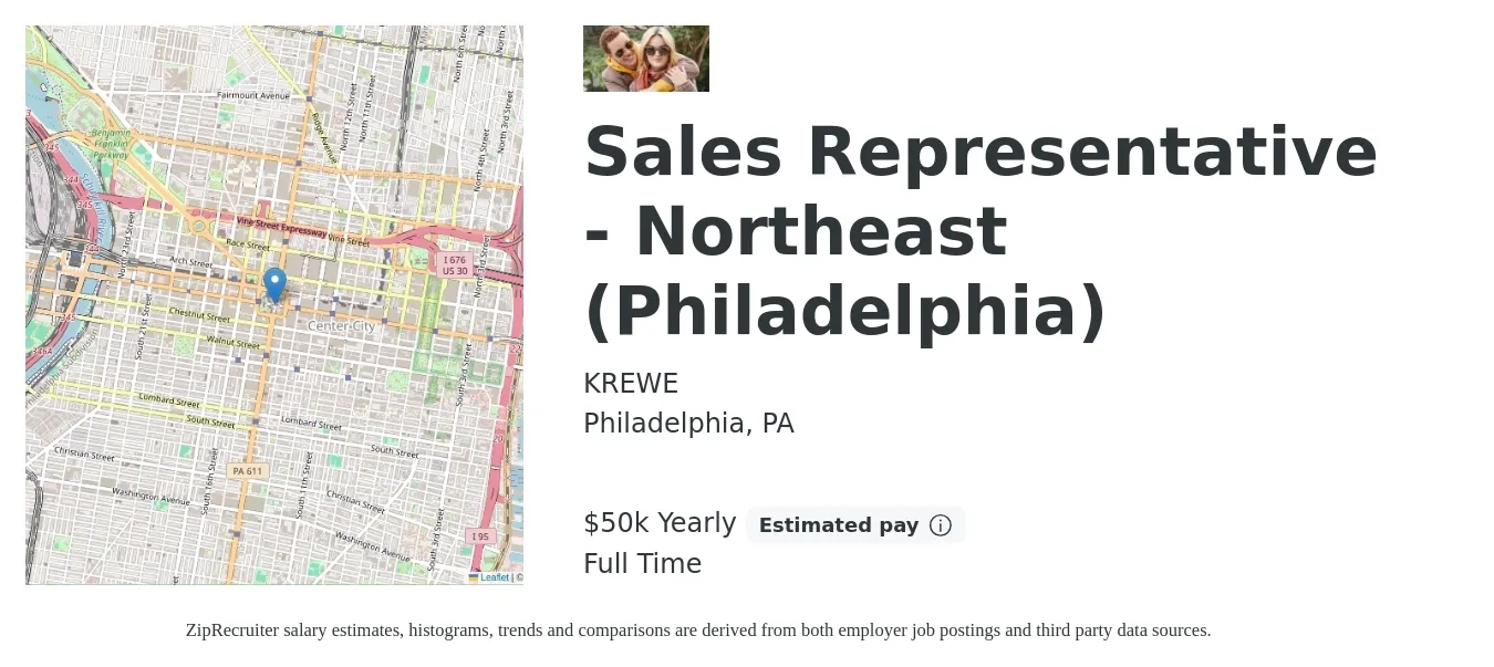 KREWE job posting for a Sales Representative - Northeast (Philadelphia) in Philadelphia, PA with a salary of $50,000 Yearly with a map of Philadelphia location.