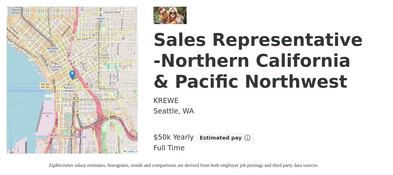 KREWE job posting for a Sales Representative -Northern California & Pacific Northwest in Seattle, WA with a salary of $50,000 Yearly with a map of Seattle location.