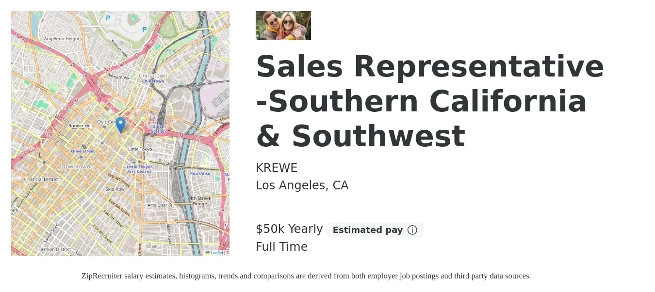 KREWE job posting for a Sales Representative -Southern California & Southwest in Los Angeles, CA with a salary of $50,000 Yearly with a map of Los Angeles location.