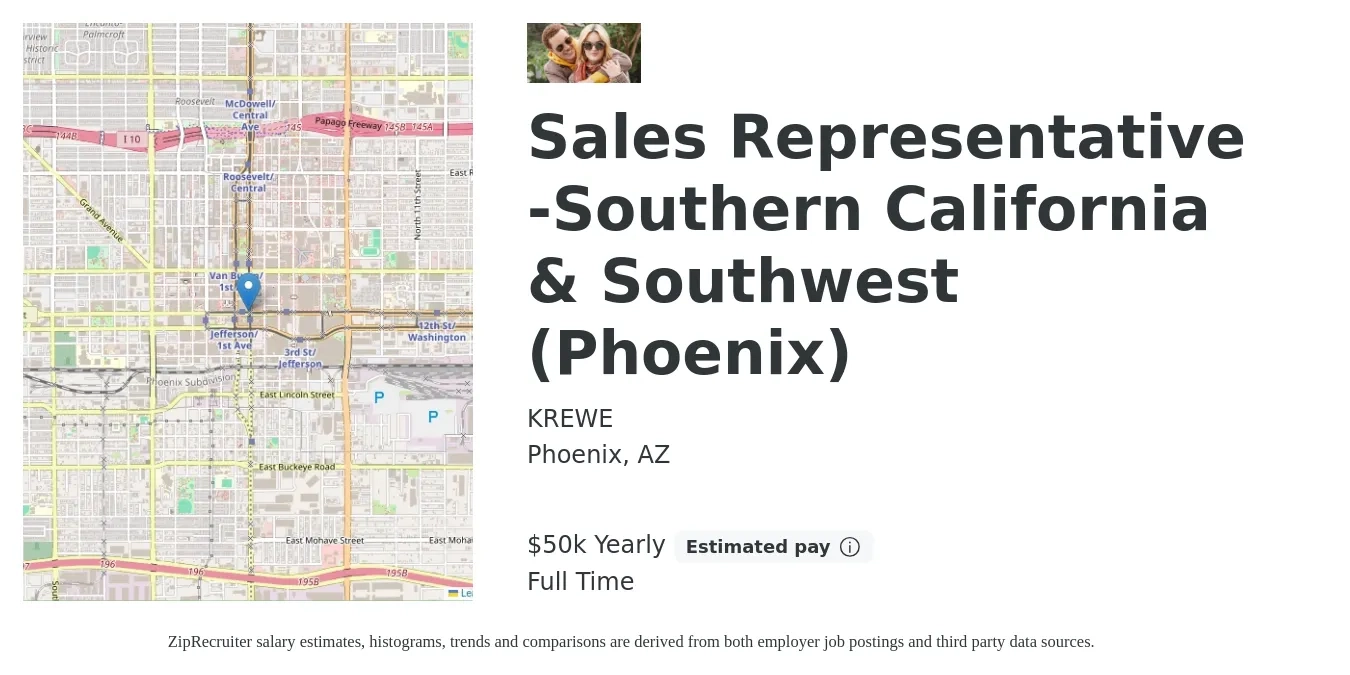 KREWE job posting for a Sales Representative -Southern California & Southwest (Phoenix) in Phoenix, AZ with a salary of $50,000 Yearly with a map of Phoenix location.