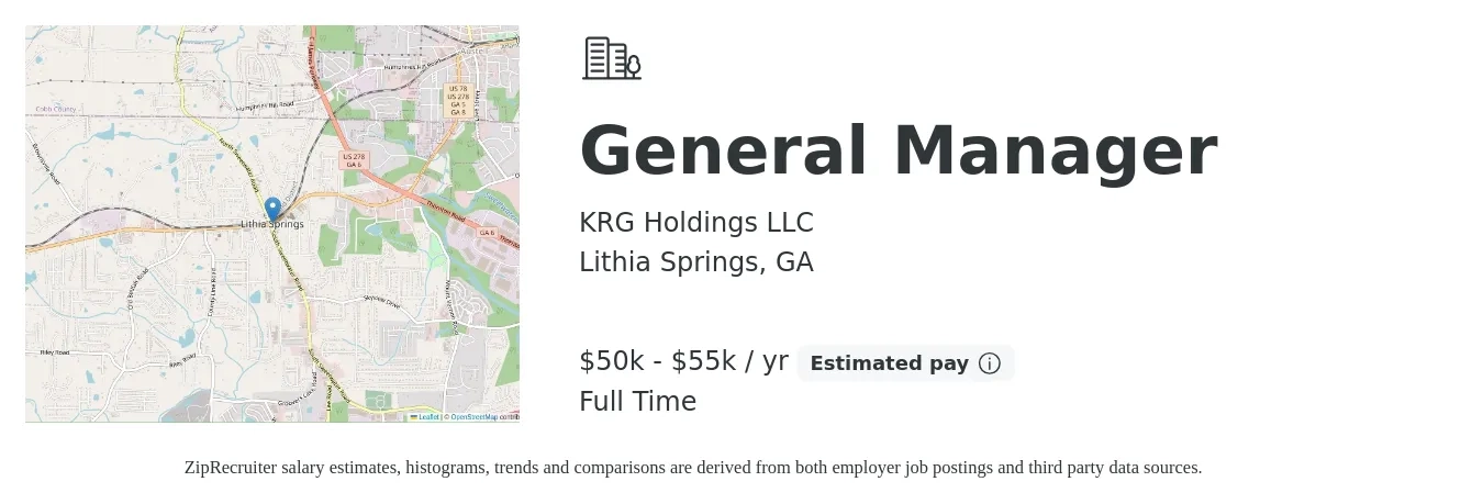 KRG Holdings LLC job posting for a General Manager in Lithia Springs, GA with a salary of $50,000 to $55,000 Yearly with a map of Lithia Springs location.