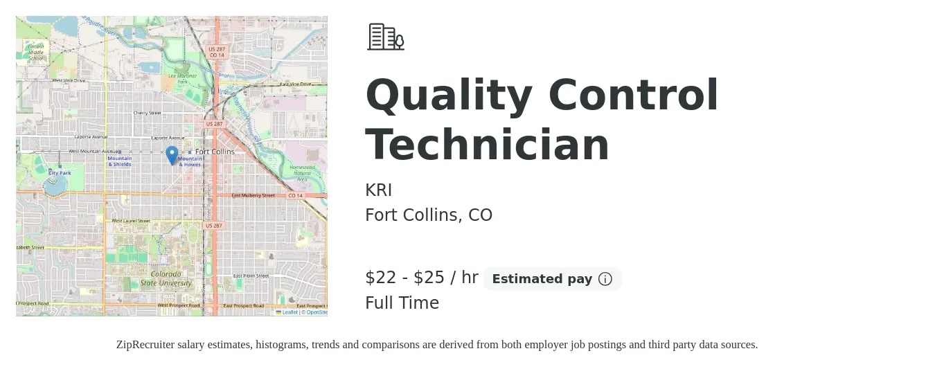 KRI job posting for a Quality Control Technician in Fort Collins, CO with a salary of $23 to $26 Hourly with a map of Fort Collins location.
