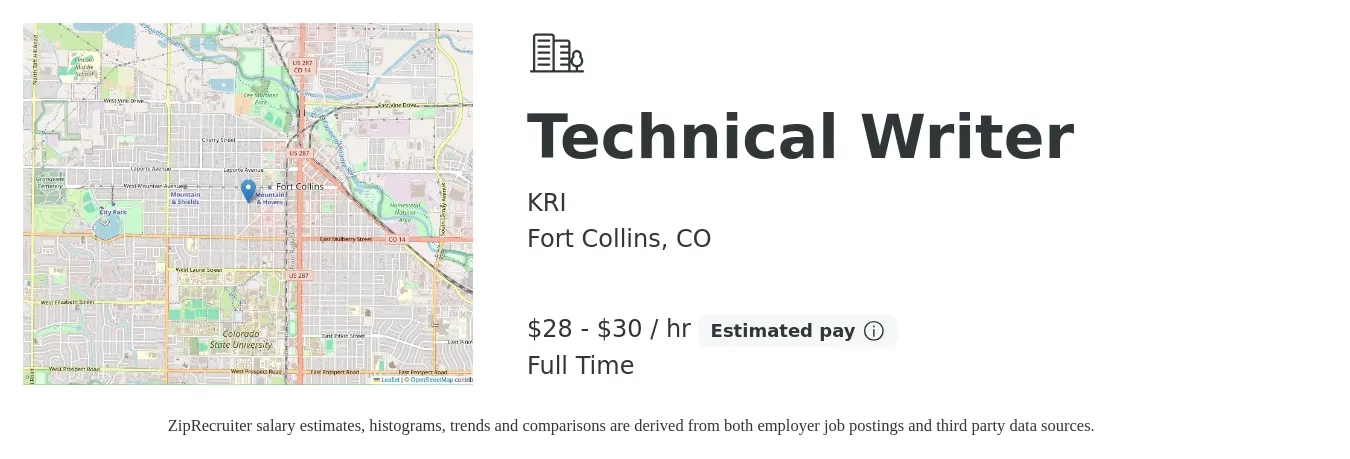 KRI job posting for a Technical Writer in Fort Collins, CO with a salary of $30 to $32 Hourly with a map of Fort Collins location.