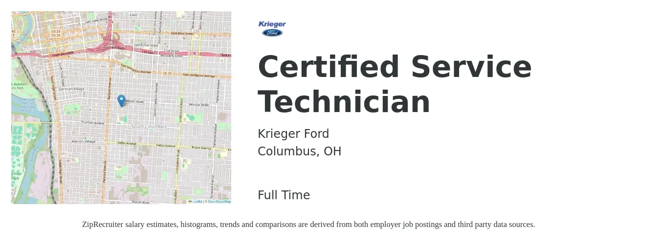 Krieger Ford job posting for a Certified Service Technician in Columbus, OH with a salary of $18 to $30 Hourly with a map of Columbus location.