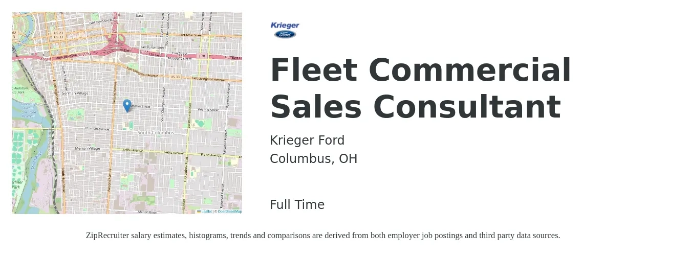 Krieger Ford job posting for a Fleet Commercial Sales Consultant in Columbus, OH with a salary of $52,400 to $78,500 Yearly with a map of Columbus location.