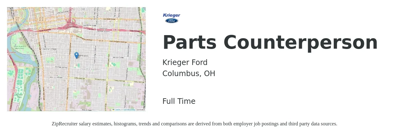 Krieger Ford job posting for a Parts Counterperson in Columbus, OH with a salary of $17 to $23 Hourly with a map of Columbus location.