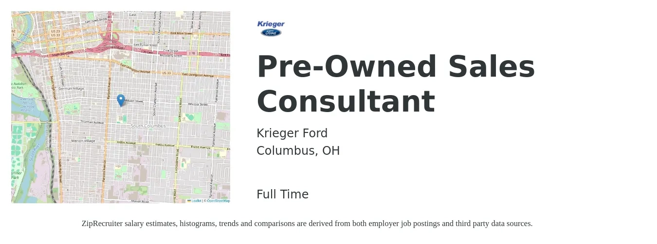 Krieger Ford job posting for a Pre-Owned Sales Consultant in Columbus, OH with a salary of $39,000 to $76,200 Yearly with a map of Columbus location.