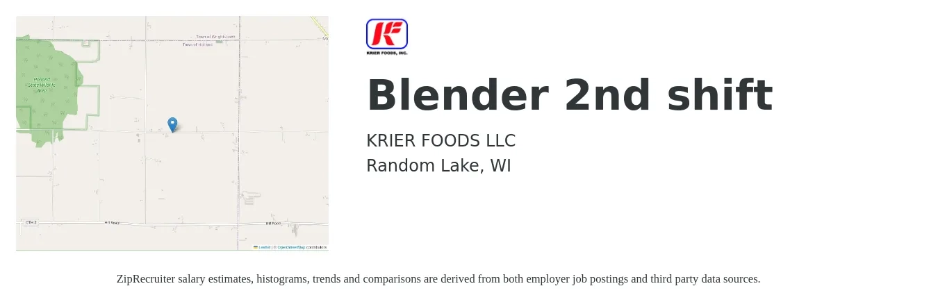 KRIER FOODS LLC job posting for a Blender 2nd shift in Random Lake, WI with a salary of $17 to $21 Hourly with a map of Random Lake location.