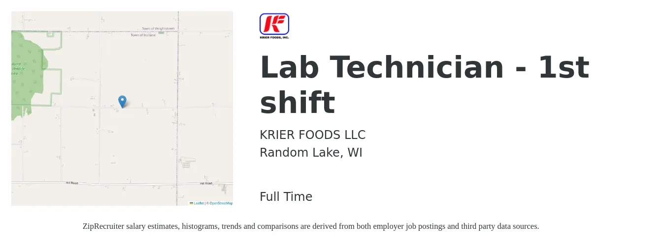 KRIER FOODS LLC job posting for a Lab Technician - 1st shift in Random Lake, WI with a salary of $24 Hourly with a map of Random Lake location.