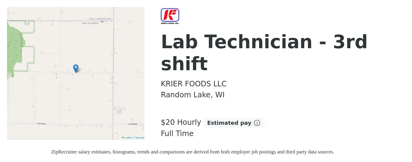 KRIER FOODS LLC job posting for a Lab Technician - 3rd shift in Random Lake, WI with a salary of $24 Hourly with a map of Random Lake location.
