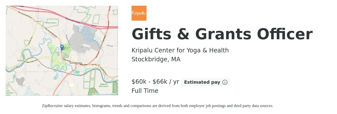 Kripalu Center for Yoga & Health job posting for a Gifts & Grants Officer in Stockbridge, MA with a salary of $60,000 to $66,000 Yearly with a map of Stockbridge location.