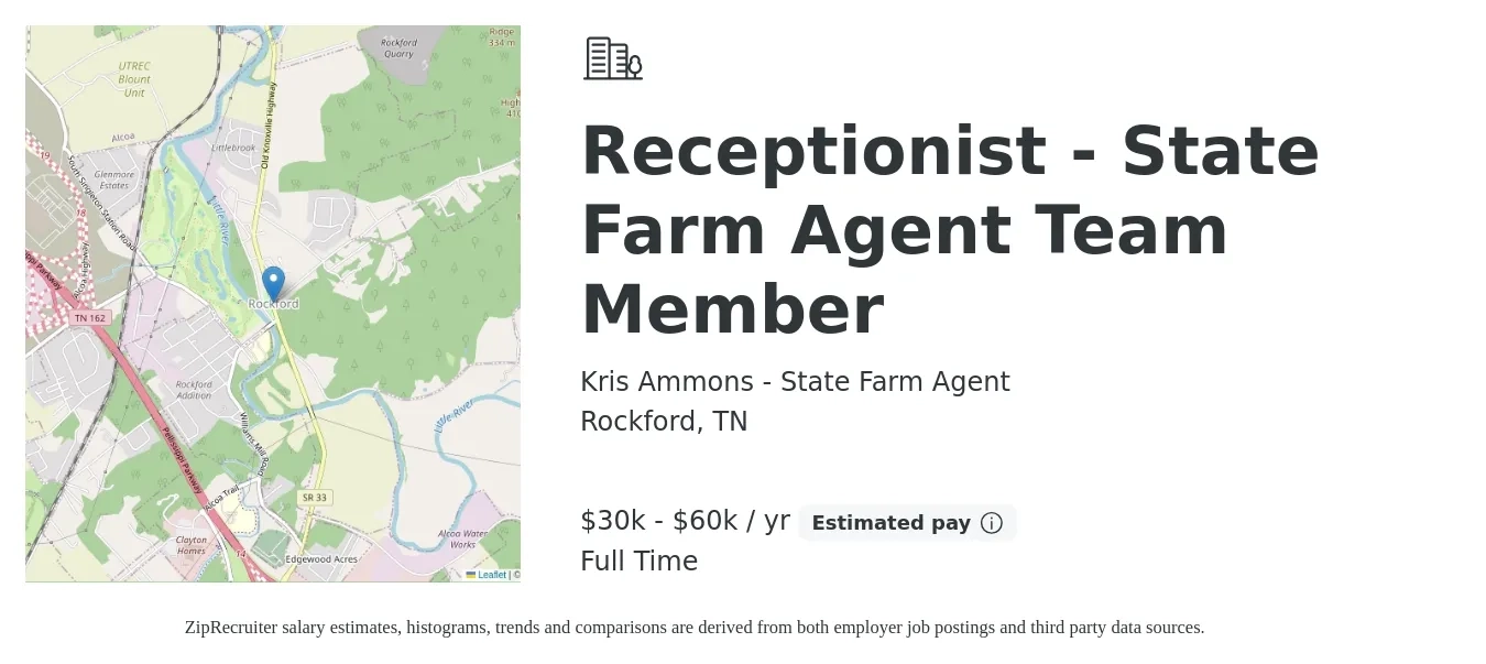 Kris Ammons - State Farm Agent job posting for a Receptionist - State Farm Agent Team Member in Rockford, TN with a salary of $30,000 to $60,000 Yearly with a map of Rockford location.