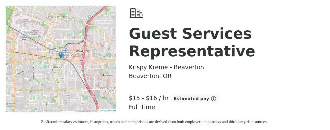 Krispy Kreme - Beaverton job posting for a Guest Services Representative in Beaverton, OR with a salary of $16 to $17 Hourly with a map of Beaverton location.