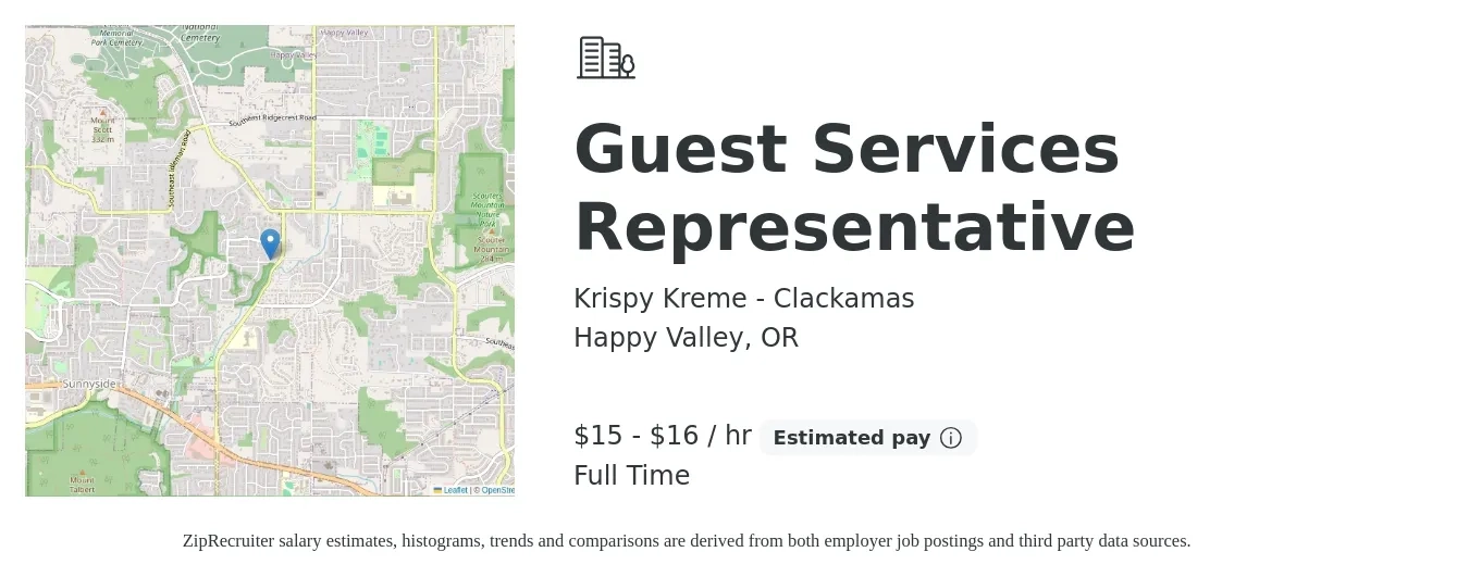 Krispy Kreme - Clackamas job posting for a Guest Services Representative in Happy Valley, OR with a salary of $16 to $17 Hourly with a map of Happy Valley location.