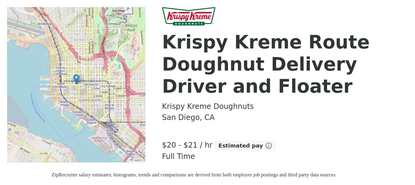 Krispy Kreme Doughnuts job posting for a Krispy Kreme Route Doughnut Delivery Driver and Floater in San Diego, CA with a salary of $21 to $22 Hourly with a map of San Diego location.