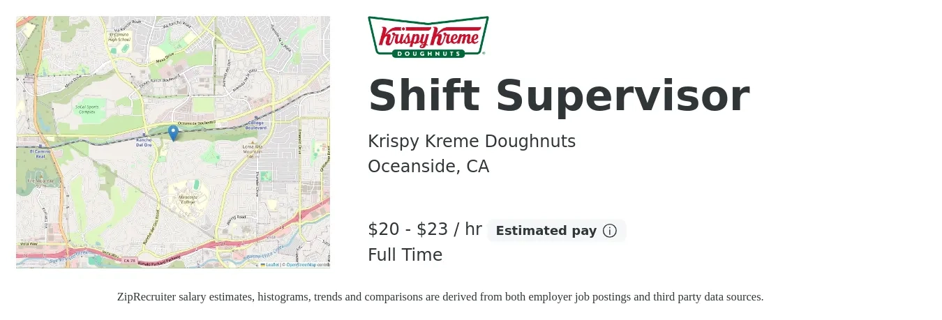Krispy Kreme Doughnuts job posting for a Shift Supervisor in Oceanside, CA with a salary of $21 to $22 Hourly with a map of Oceanside location.