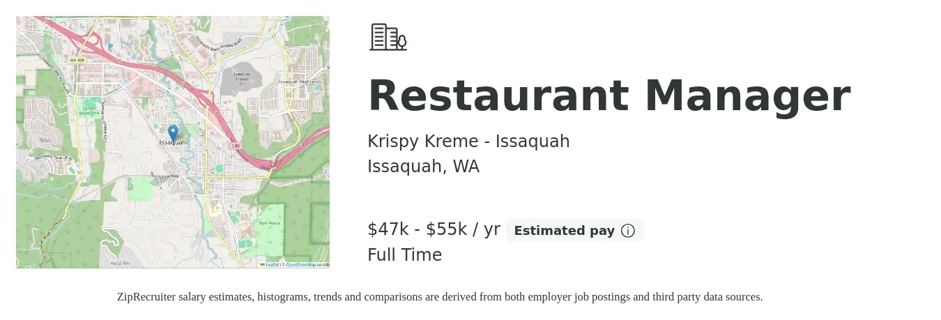 Krispy Kreme - Issaquah job posting for a Restaurant Manager in Issaquah, WA with a salary of $47,000 to $55,000 Yearly with a map of Issaquah location.