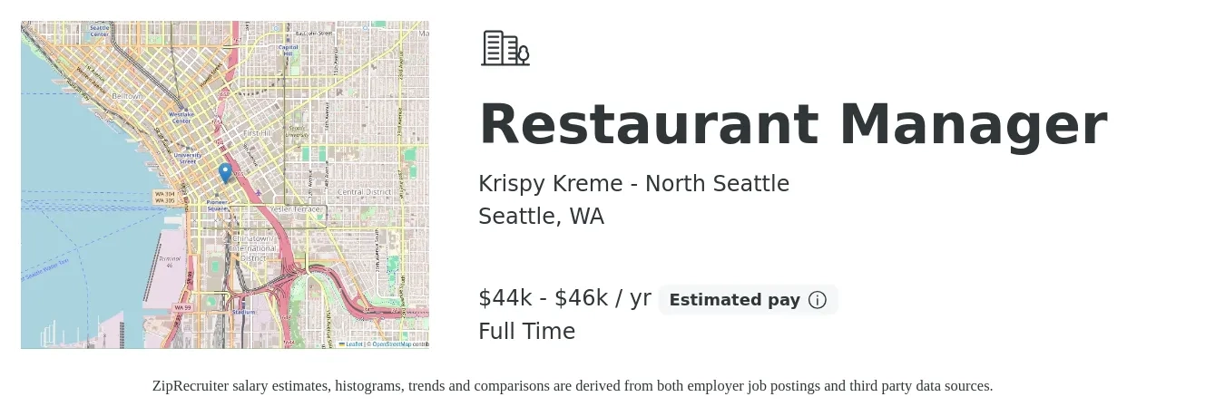 Krispy Kreme - North Seattle job posting for a Restaurant Manager in Seattle, WA with a salary of $44,500 to $46,500 Yearly with a map of Seattle location.