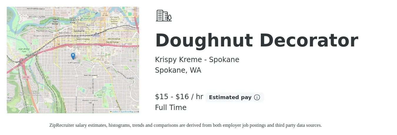 Krispy Kreme - Spokane job posting for a Doughnut Decorator in Spokane, WA with a salary of $16 to $17 Hourly with a map of Spokane location.