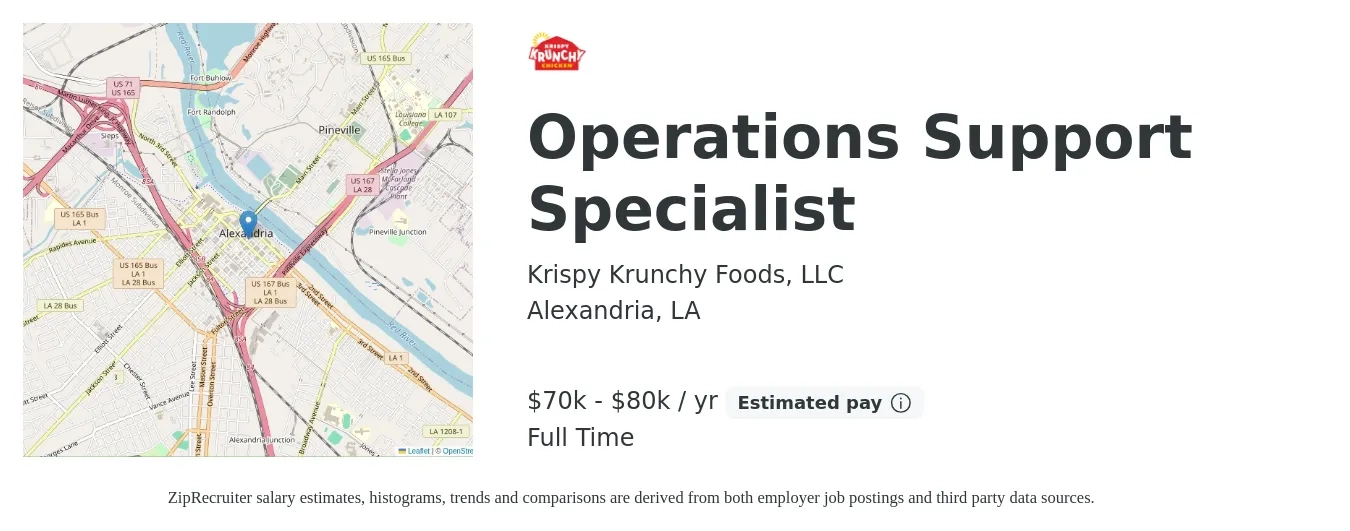 Krispy Krunchy Foods, LLC job posting for a Operations Support Specialist in Alexandria, LA with a salary of $70,000 to $80,000 Yearly with a map of Alexandria location.