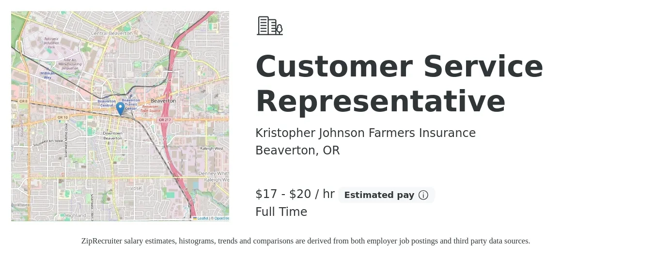 Kristopher Johnson Farmers Insurance job posting for a Customer Service Representative in Beaverton, OR with a salary of $18 to $22 Hourly with a map of Beaverton location.