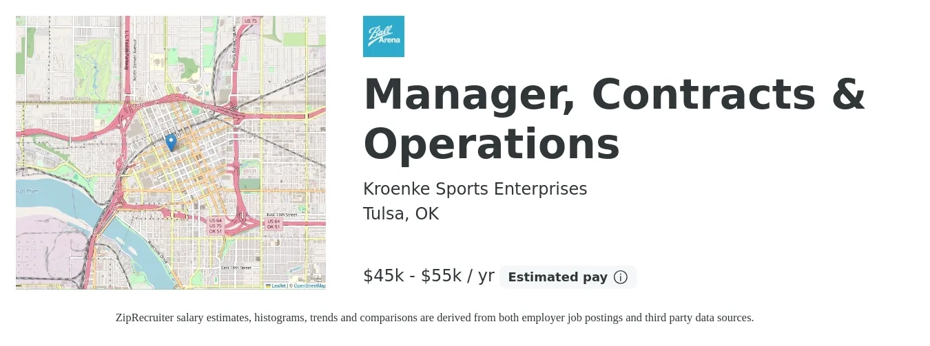 Kroenke Sports Enterprises job posting for a Manager, Contracts & Operations in Tulsa, OK with a salary of $45,000 to $55,000 Yearly with a map of Tulsa location.