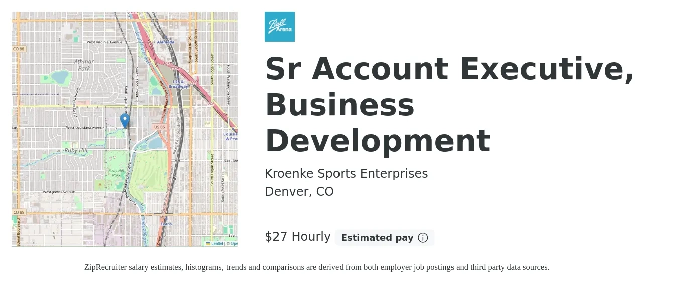 Kroenke Sports Enterprises job posting for a Sr Account Executive, Business Development in Denver, CO with a salary of $29 Hourly with a map of Denver location.