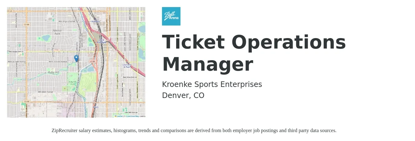 Kroenke Sports Enterprises job posting for a Ticket Operations Manager in Denver, CO with a salary of $42,200 to $79,900 Yearly with a map of Denver location.