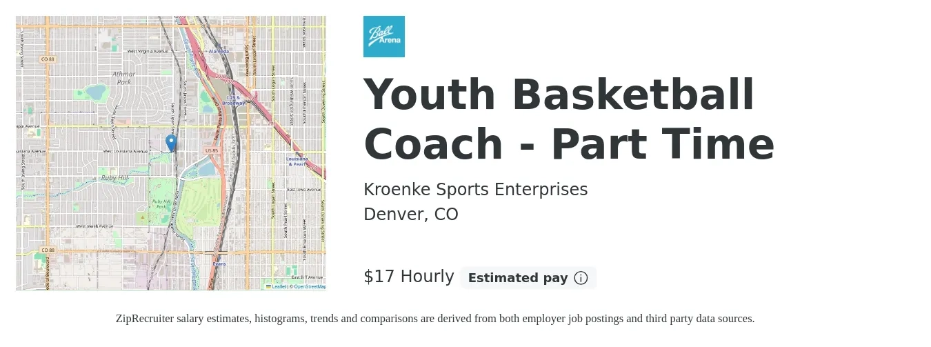 Kroenke Sports Enterprises job posting for a Youth Basketball Coach - Part Time in Denver, CO with a salary of $18 Hourly with a map of Denver location.