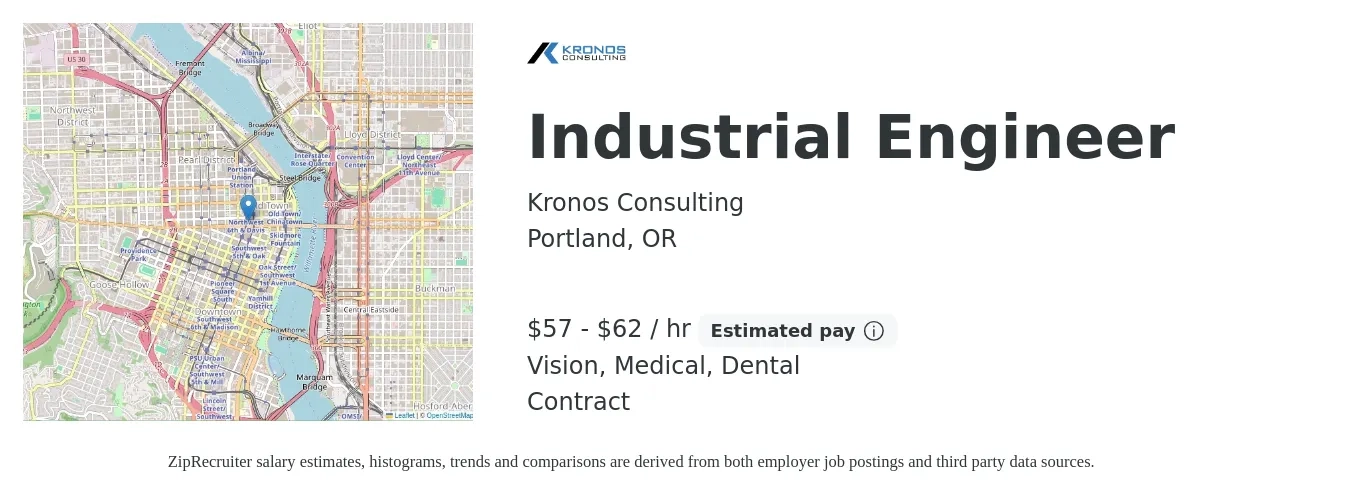 Kronos Consulting job posting for a Industrial Engineer in Portland, OR with a salary of $60 to $65 Hourly and benefits including vision, dental, and medical with a map of Portland location.
