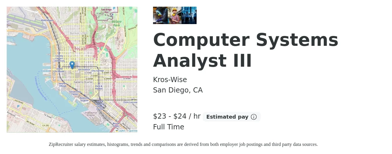Kros-Wise job posting for a Computer Systems Analyst III in San Diego, CA with a salary of $24 to $25 Hourly with a map of San Diego location.