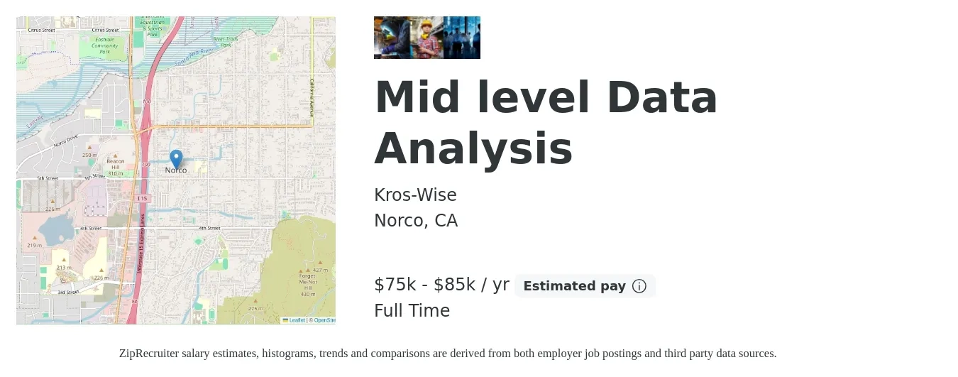 Kros-Wise job posting for a Mid level Data Analysis in Norco, CA with a salary of $75,000 to $85,000 Yearly with a map of Norco location.