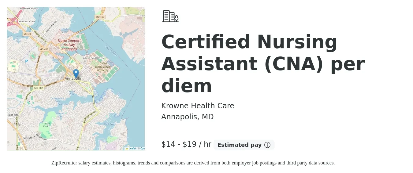 Krowne Health Care job posting for a Certified Nursing Assistant (CNA) per diem in Annapolis, MD with a salary of $15 to $20 Hourly with a map of Annapolis location.