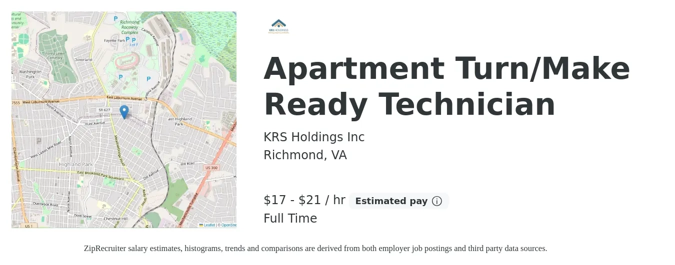 KRS Holdings Inc job posting for a Apartment Turn/Make Ready Technician in Richmond, VA with a salary of $18 to $22 Hourly with a map of Richmond location.