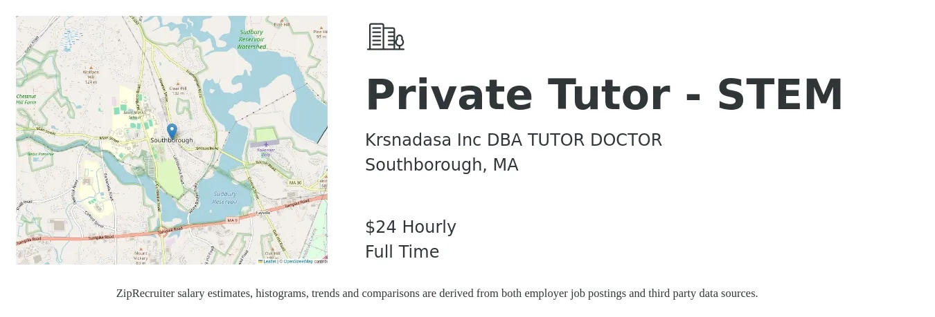 Krsnadasa Inc DBA TUTOR DOCTOR job posting for a Private Tutor - STEM in Southborough, MA with a salary of $25 Hourly with a map of Southborough location.