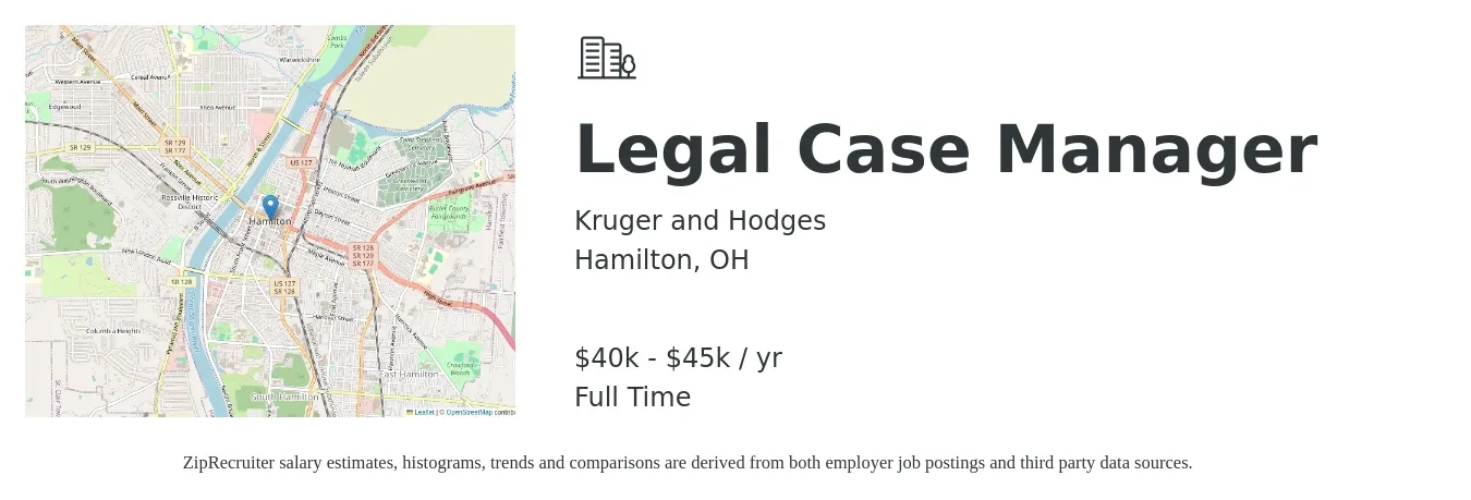 Kruger and Hodges job posting for a Legal Case Manager in Hamilton, OH with a salary of $40,000 to $45,000 Yearly with a map of Hamilton location.