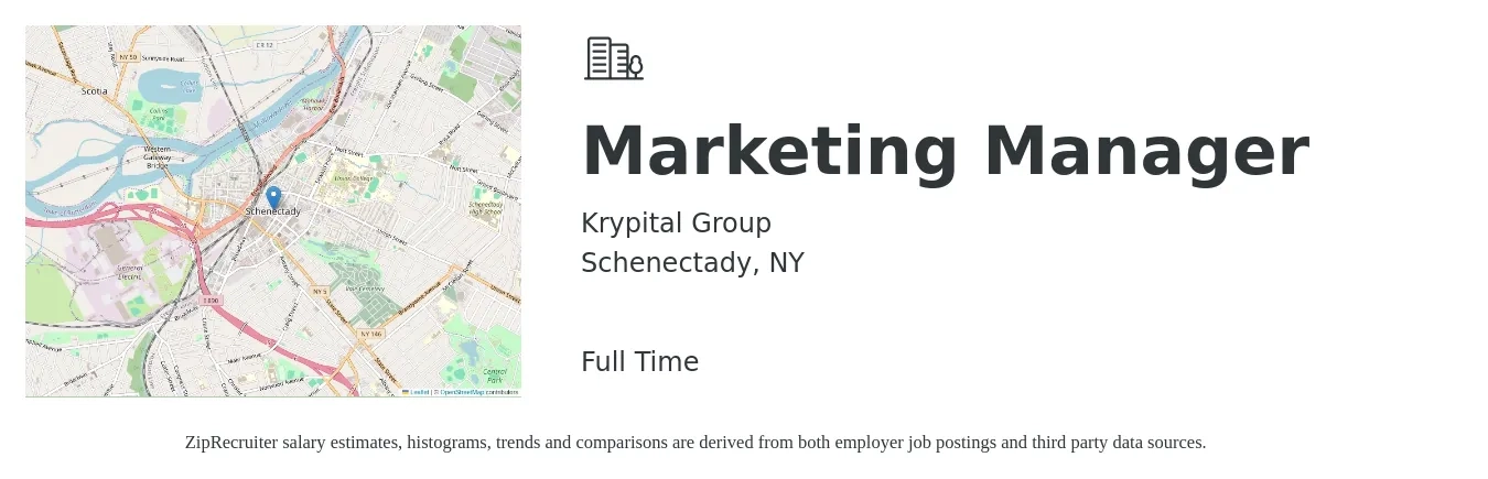 Krypital Group job posting for a Marketing Manager in Schenectady, NY with a salary of $58,100 to $94,800 Yearly with a map of Schenectady location.