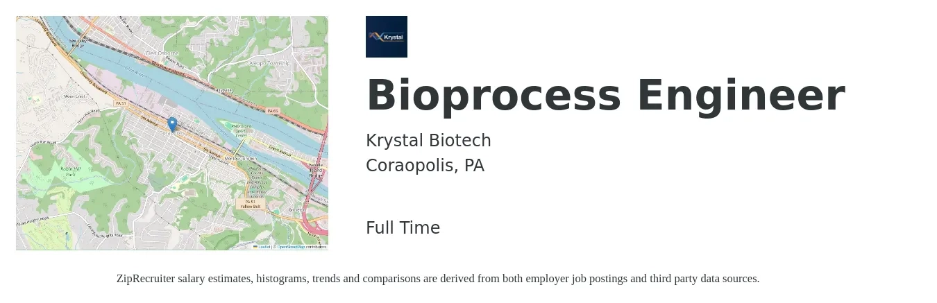 Krystal Biotech job posting for a Bioprocess Engineer in Coraopolis, PA with a salary of $47,700 to $97,700 Yearly with a map of Coraopolis location.